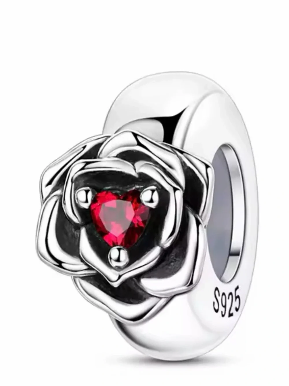 Pandora Sterling Silver Rose Charm with Red Heart Stone